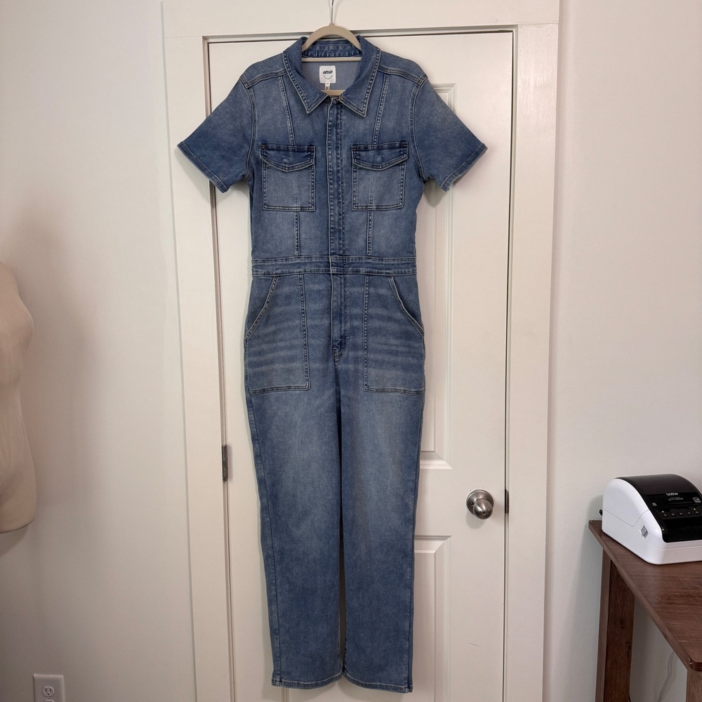 Aerie Large Denim Utility Jumpsuit Short Sleeve Zip Front Boho